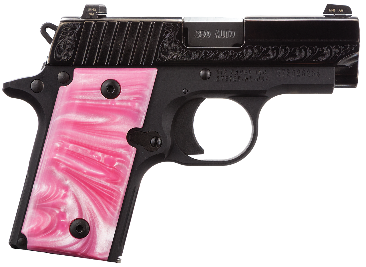 SIG P238 ESP Microcompact .380Acp 2.7 Barrel Siglite Night Sights Polished & Engraved Nitron Slide Pink Pearlite Grips 6 Round Mag