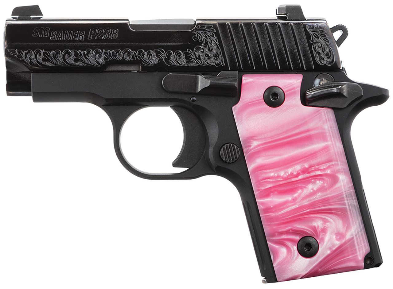 SIG P238 ESP Microcompact .380Acp 2.7 Barrel Siglite Night Sights Polished & Engraved Nitron Slide Pink Pearlite Grips 6 Round Mag