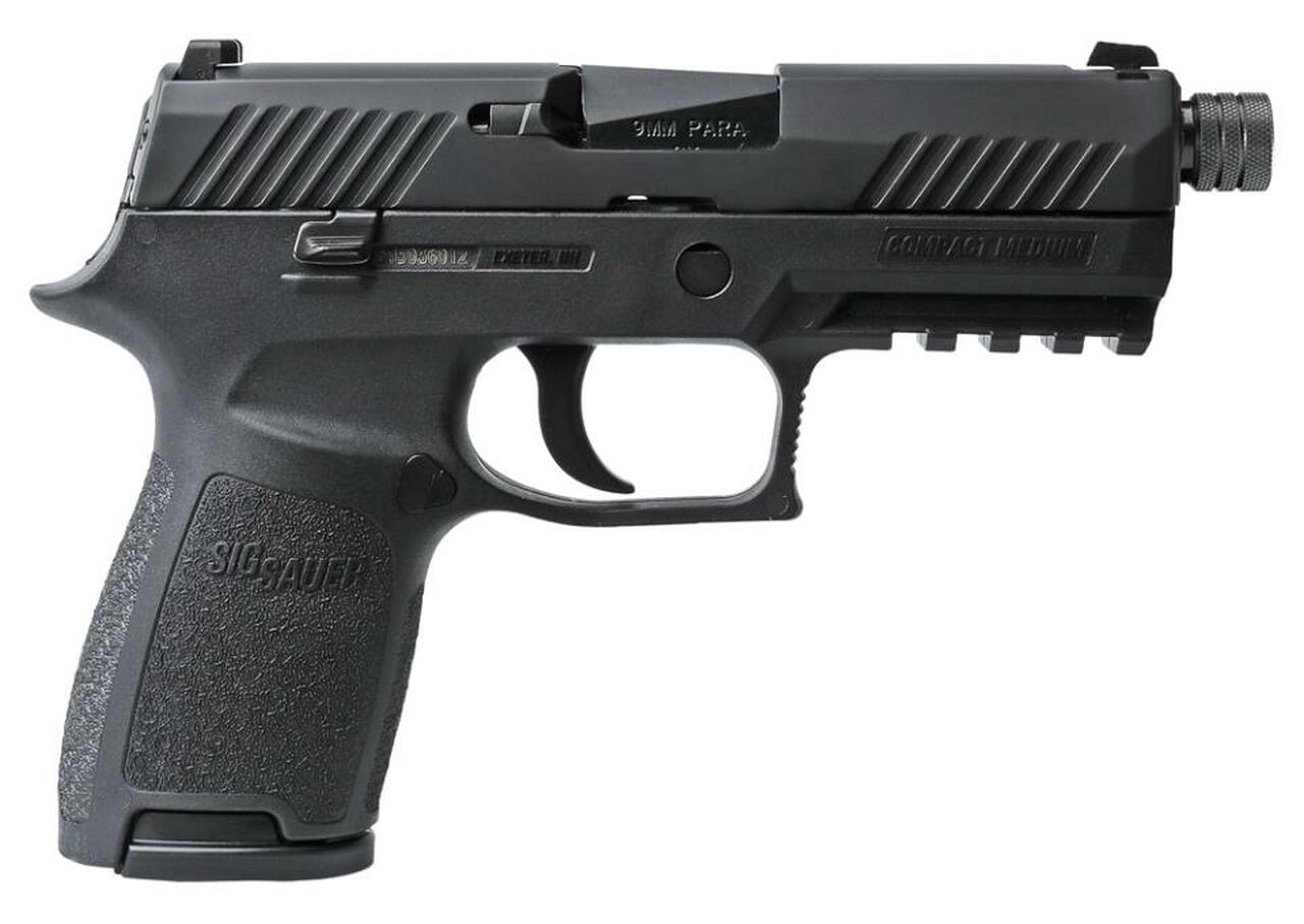 Sig P320 9mm, 4.6″, Nitron Black, Striker Siglite Modular Polymer Grip (2) 15Rd Steel MAG Rail Threaded (13.5X1mm LH)