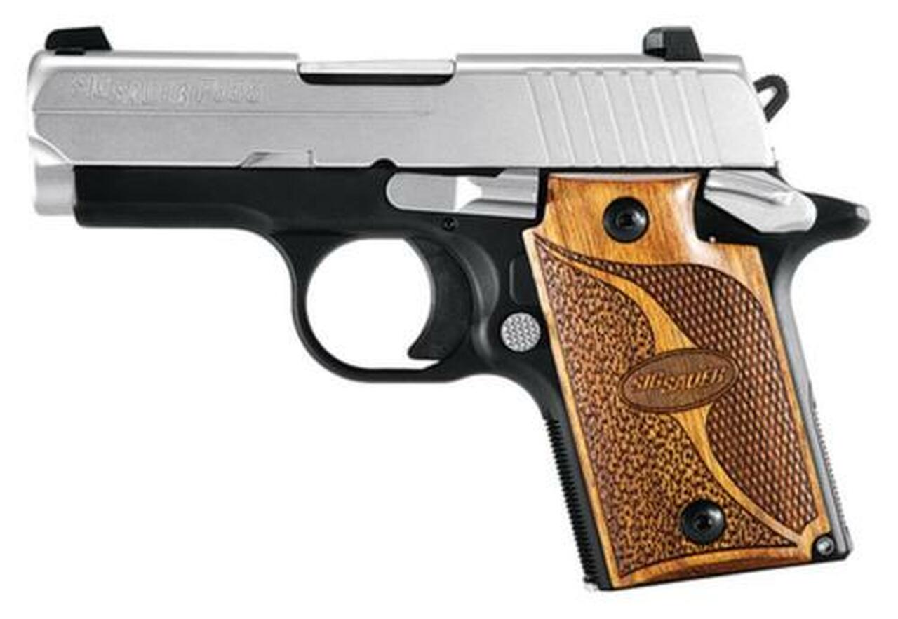 Sig P938 9mm, 3″, SAS, 2-Tone, SAO, Siglite, Walnut Grip, Ambi Saftey, Dehorned, MA Compliant, 7rd Mag