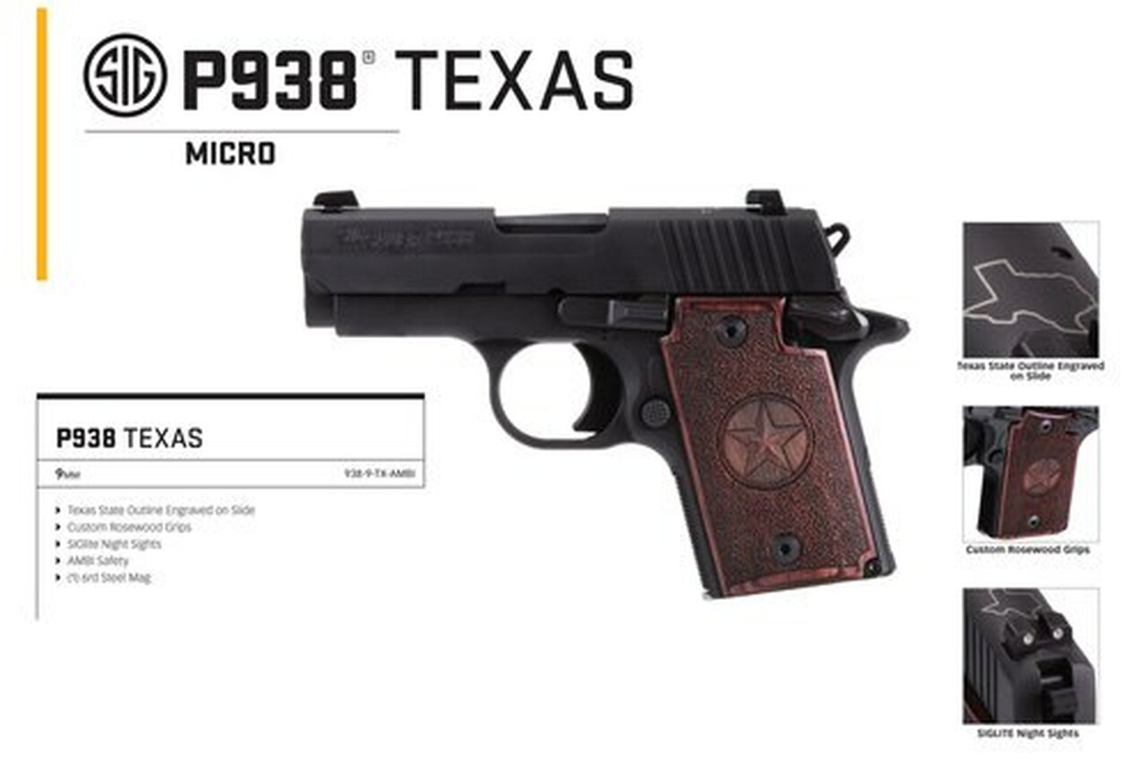 Sig P938 Micro Texas 9mm, 3″, Rosewood Grip, Alum Frame, Nitron Slide, Night Sights, 6rd