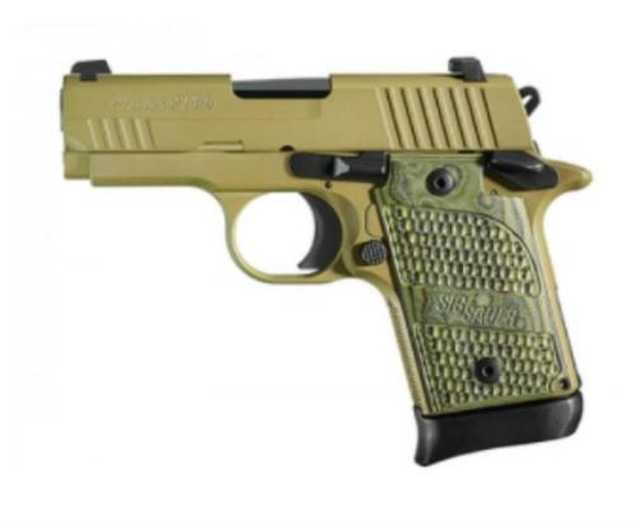 Sig P938 Scorpion Flat Dark Earth SAO 9MM 3″ Barrel Green G10 Grip 7rd Mag MA Compliant