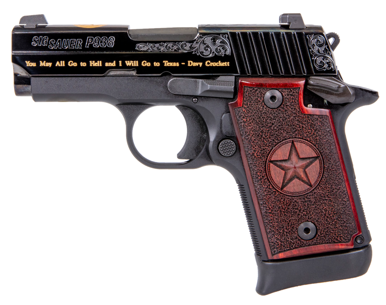 Sig P938 Texas Engraved Gold 9mm 3″Barrel, Black, Gold Engraving Slide, Black Frame, Redwood Grip, 6rd-7rd Mags