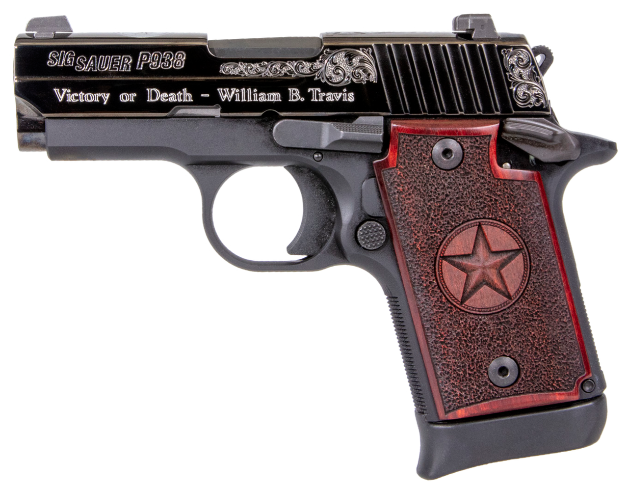 Sig P938 Texas Engraved Silver 9mm 3″Barrel, Black, Silver Engraving Slide, Stainless, Redwood Grip, 6rd-7rd Mags