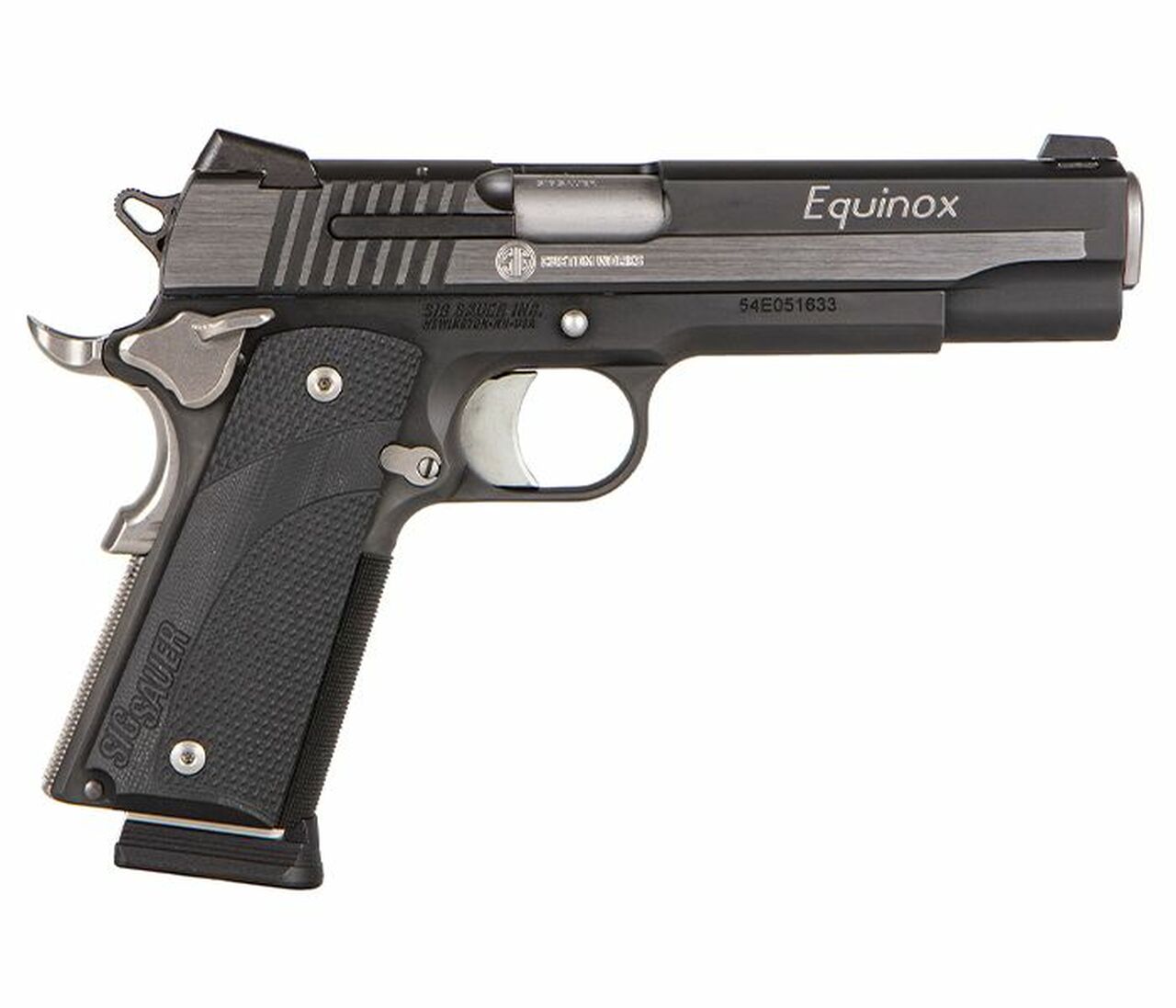 Sig Sauer, 1911 Equinox, Semi-automatic, 1911, Full Size, 45 ACP, 5″ Barrel, Aluminum Frame, Black and Silver Color, Right Hand, Manual Safety, Siglite Night Sights, 8Rd, 2 Magazines