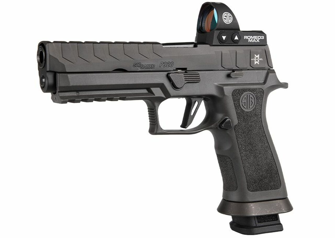 Sig Sauer, P320 X5, Semi-automatic, Striker Fired, Full Size, 9mm, 5″ Barrel, Polymer Frame, Black Color, Ambidextrous Controls, Fiber Optic Sights, Sig Romeo 3 Max Red Dot Sight, 21Rd, 4 Magazines