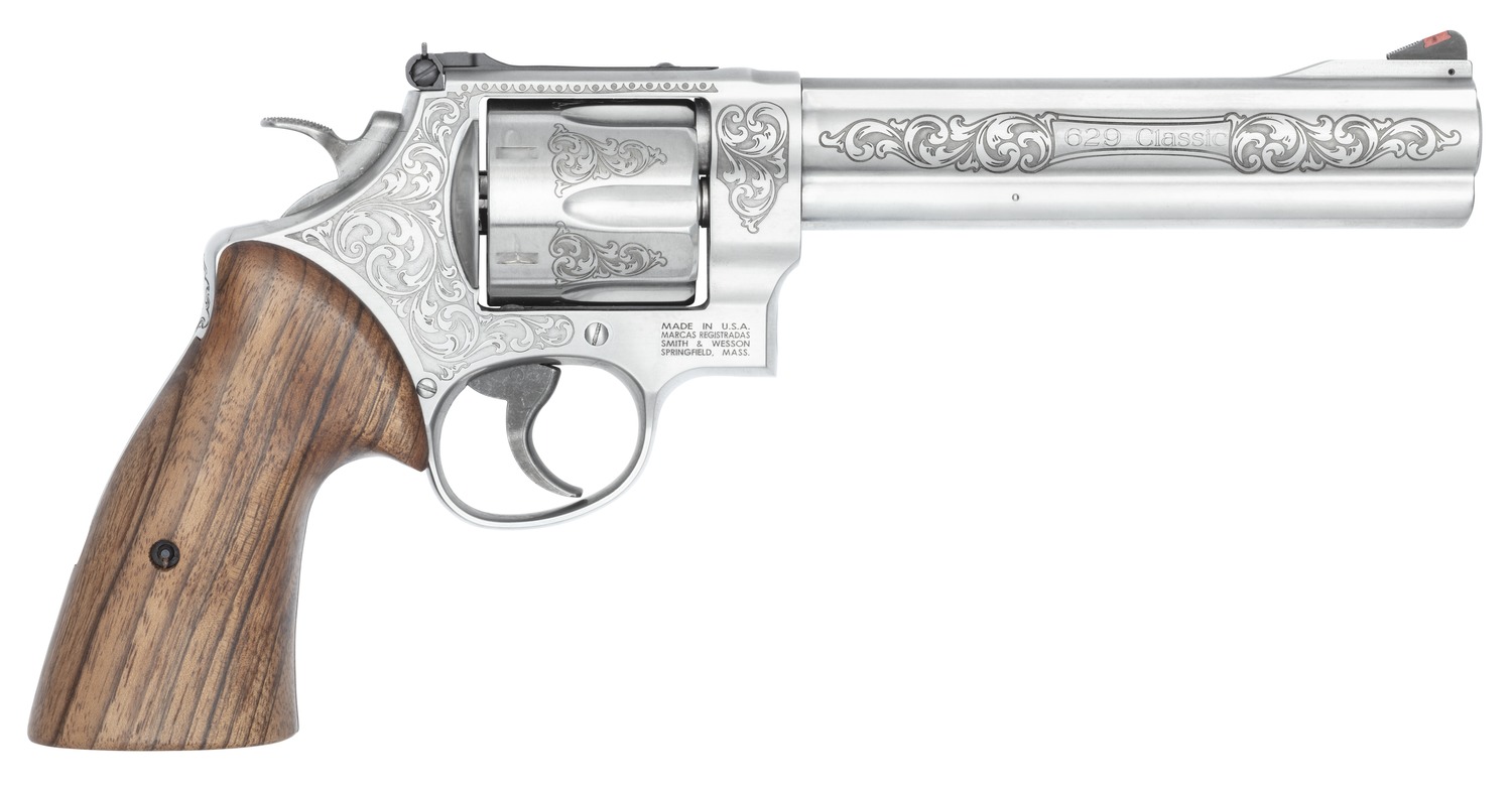 Smith & Wesson 14784 Model 629  N-Frame Large 44 S&W Spl/44 Rem Mag 6 Shot 6.50″ Stainless Steel Engraved Barrel, Cylinder & Frame, Tyler Gun Works Bear Hugger Walnut Grip, Exposed Hammer