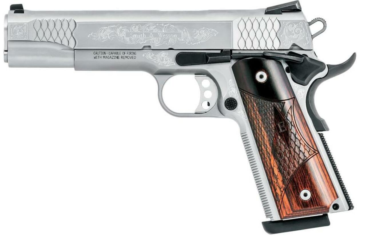 Smith & Wesson 1911 45 ACP 5″ Barrel Engraved, Eoof Grips 8rd Mag