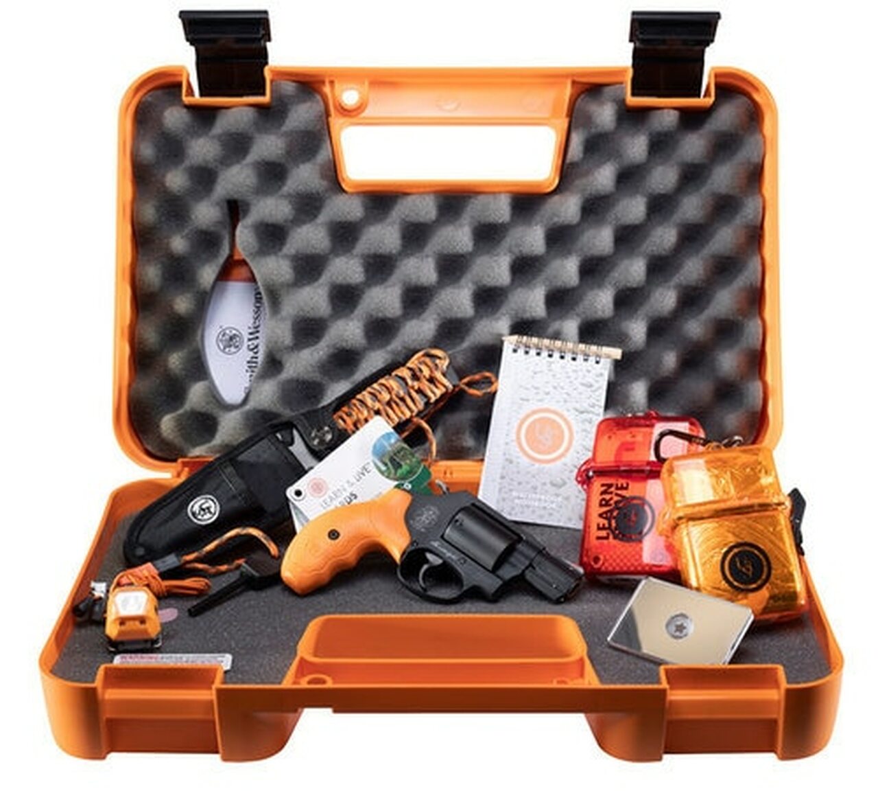 Smith & Wesson 360 Survival Kit, 357 Mag/38 Spl, 1.875″ Barrel, 5rd, Safety Orange Grips, Black Frame/Cylinder, Survival Supplies
