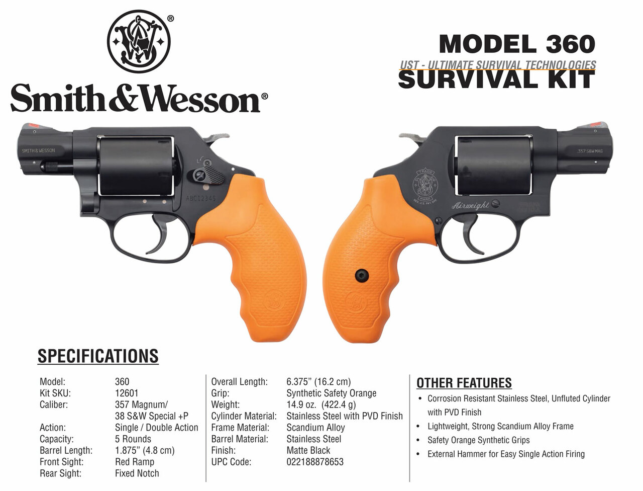 Smith & Wesson 360 Survival Kit, 357 Mag/38 Spl, 1.875″ Barrel, 5rd, Safety Orange Grips, Black Frame/Cylinder, Survival Supplies