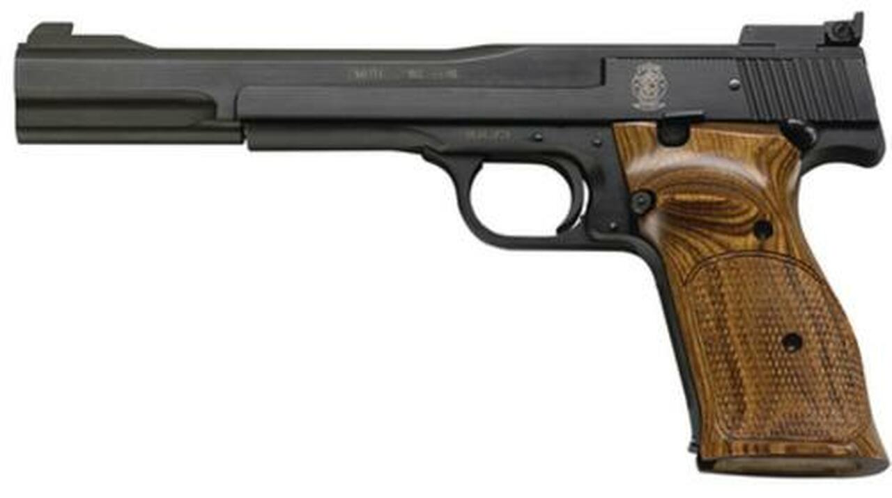 Smith & Wesson 41 22LR, 7″, Adjustable Sight Wooden Target, Thumbrest Grip Blue, 10rd