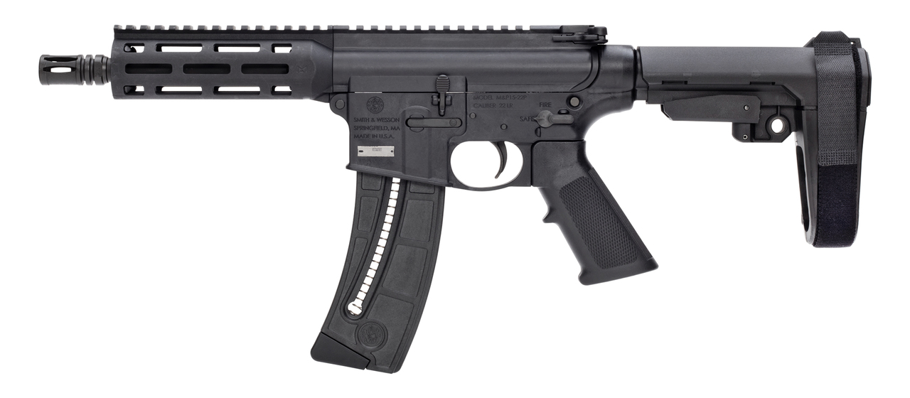 Smith & Wesson, M&P 15-22 Pistol, Semi-automatic, AR, 22 LR, 8″Barrel, Matte Black, SB Tactical SBA3 Brace, Polymer Receiver, M-Lok Handguard, 1 Mag, 25Rd