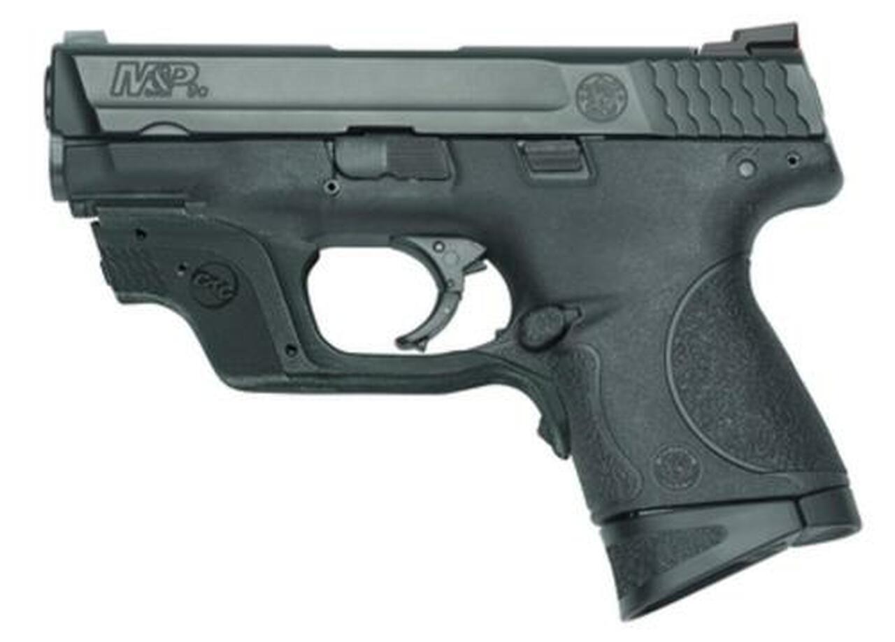 Smith & Wesson, M&P, Compact Frame, Striker Fired, 9mm, 3.5″ Barrel, Polymer Frame, Black, No Thumb Safety, 12Rd, 2 Mags, Fixed Sights, Crimson Trace Laser Guard- Green