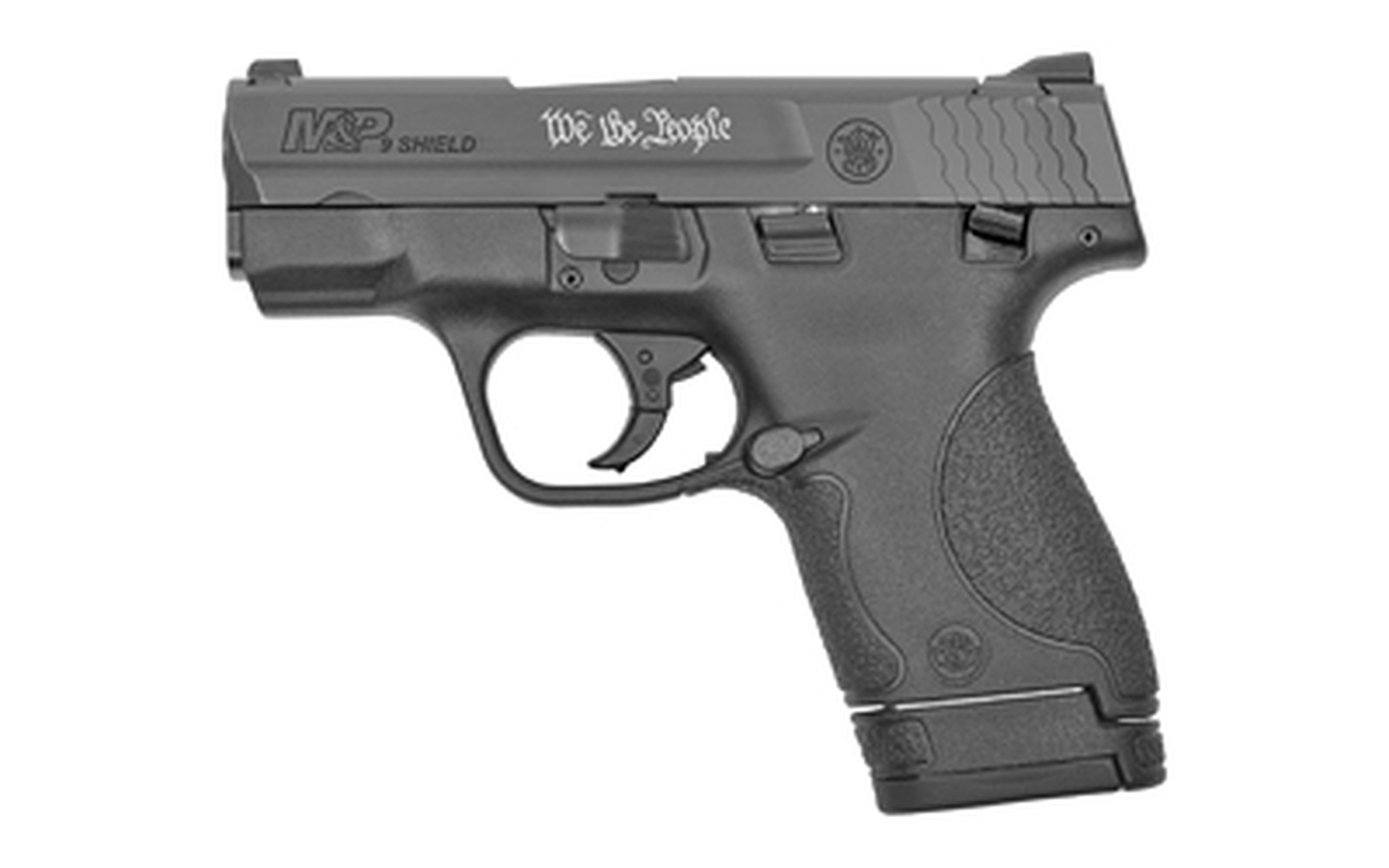 Smith & Wesson M&P Shield Compact 9mm, 3.1″ Barrel, Black, “We The People” Laser Engraved Slide, Thumb Safety, 3 Dot, 7-8rd Mags