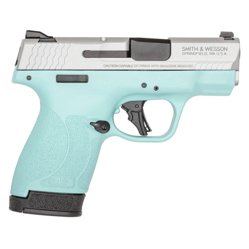 Smith & Wesson M&P Shield Plus 9mm, 3.1″ Barrel, Robins Egg Blue Frame, Silver Slide, Manual Safety, 13rd