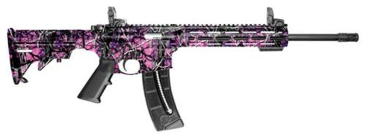 Smith & Wesson, M&P15-22, 22LR, 16.5″ Barrel, Muddy Girl Finish, 6 Position Collapsible Stock, 10″ M&P Slim Handguard M-LOK, Threaded Barrel, 25Rd, Flip Up Sights