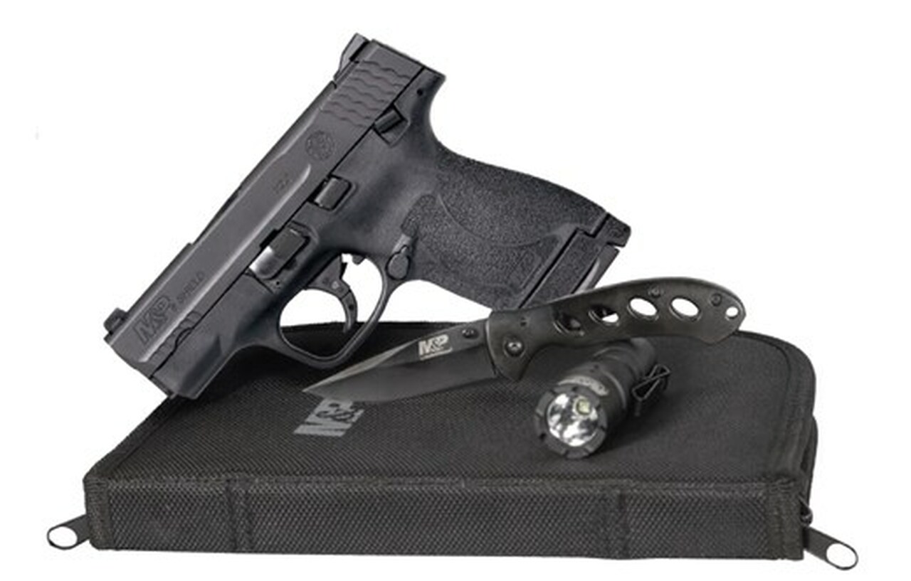 Smith & Wesson M&P9 Shield 2.0 EDC 9mm 3″ Barrel, Knife, Light and Zipper Pouch, 2- 8rd Mags