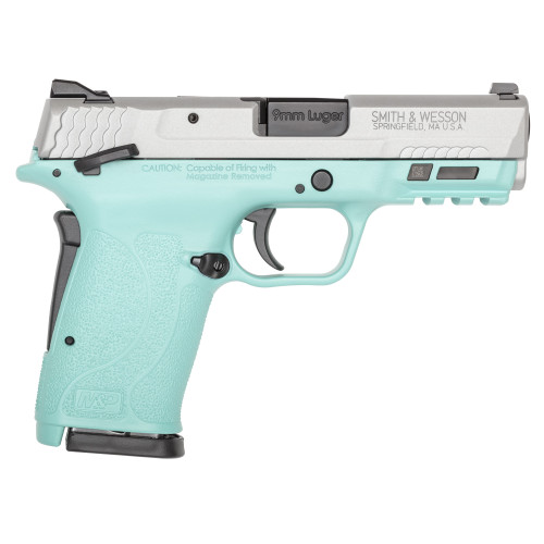 Smith & Wesson M&P9 Shield EZ M2.0 9mm, 3.68″ Barrel, Robins Egg Blue Frame, Silver Slide, Manual Safety, 8rd