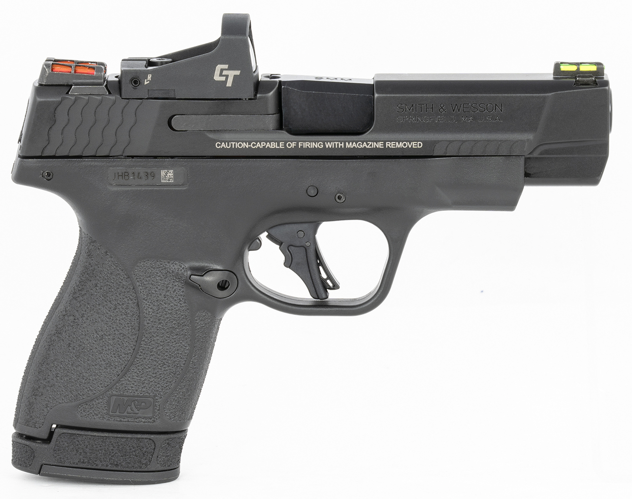 Smith & Wesson, Shield Plus, Performance Center, Includes Crimson Trace Red Dot, Striker Fired, Micro Compact, 9mm, 4″ Barrel, Optics Ready, Polymer Frame, No Thumb Safety, Fiber Optic Sights, Flat Face Trigger, 2 Mags, 1-10Rd 1-13Rd, Black