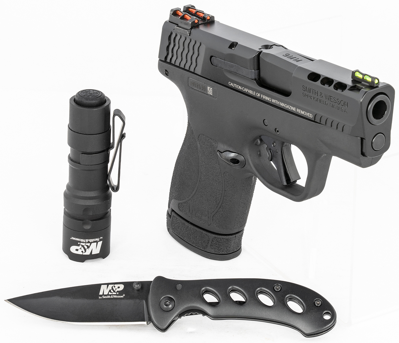 Smith & Wesson, Shield Plus, Performance Center, Includes EDC Kit – Oasis Liner Lock Folding Knife & Delta Force CS LED Flashlight, Striker Fired, Micro Compact, 9mm, 3.1″ Ported Barrel, Polymer Frame, Thumb Safety, Fiber Optic Sights, Flat Face Trig