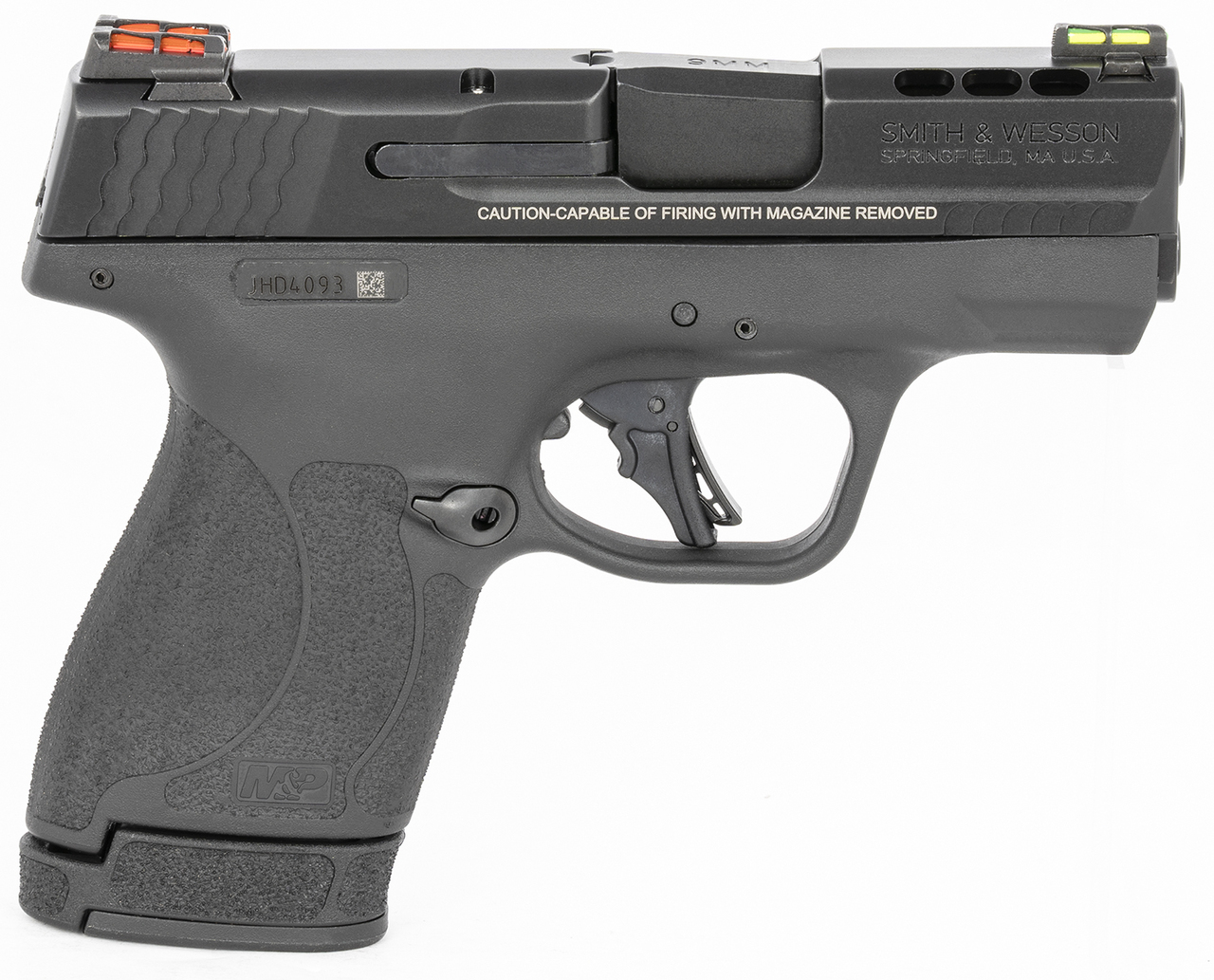 Smith & Wesson, Shield Plus, Performance Center, Striker Fired, Micro Compact, 9mm, 3.1″ Ported Barrel, Polymer Frame, Thumb Safety, Fiber Optic, Flat Face Trigger, 2 Mags, 1-10Rd 1-13Rd, Black