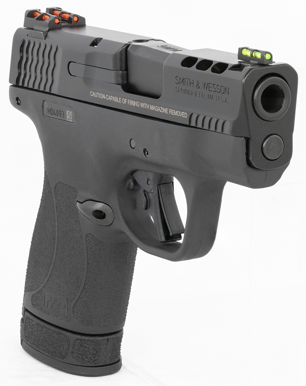 Smith & Wesson, Shield Plus, Performance Center, Striker Fired, Micro Compact, 9mm, 3.1″ Ported Barrel, Polymer Frame, Thumb Safety, Fiber Optic, Flat Face Trigger, 2 Mags, 1-10Rd 1-13Rd, Black