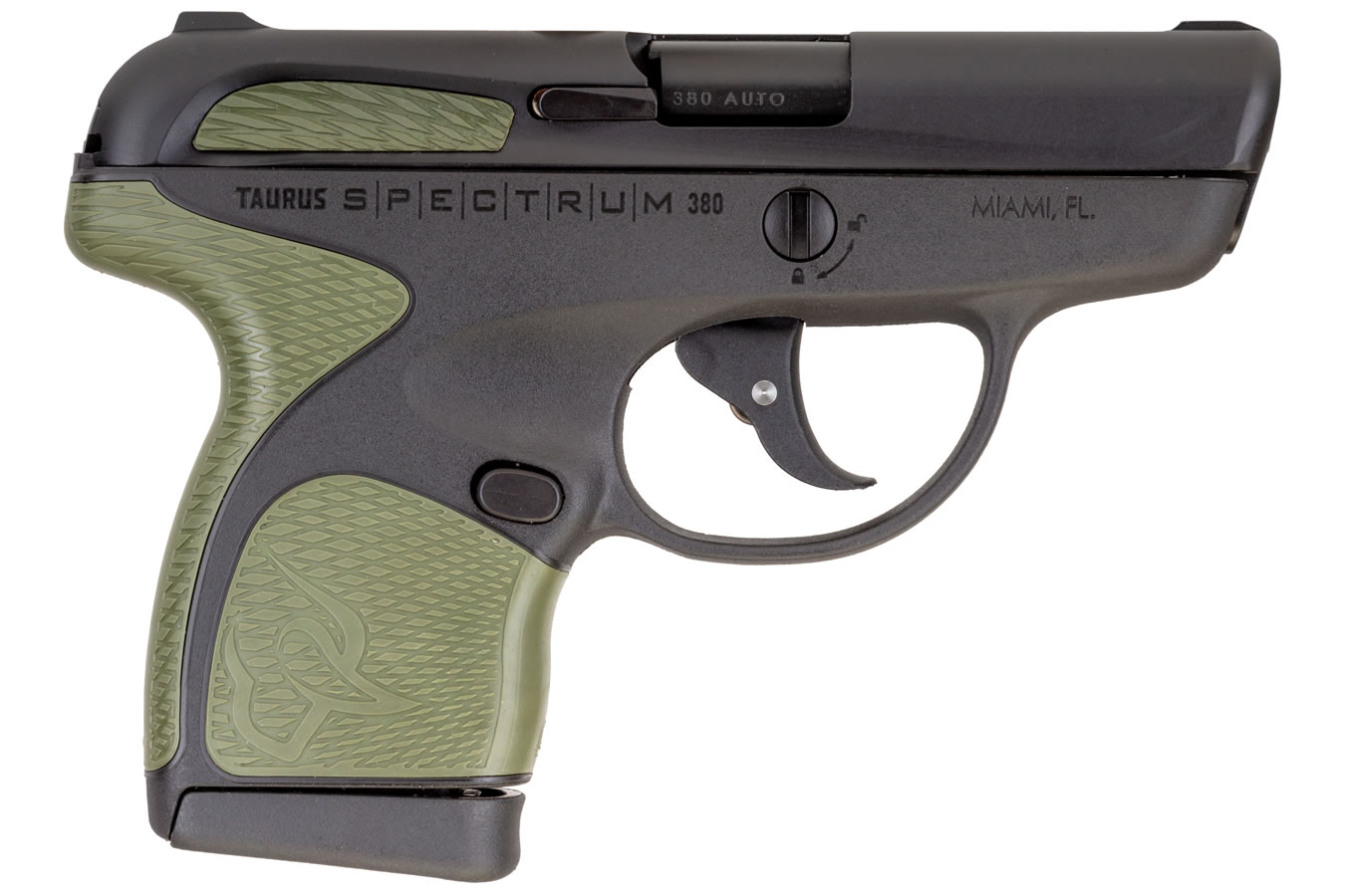 Spectrum .380 Auto Black Pistol with Army Green Grips