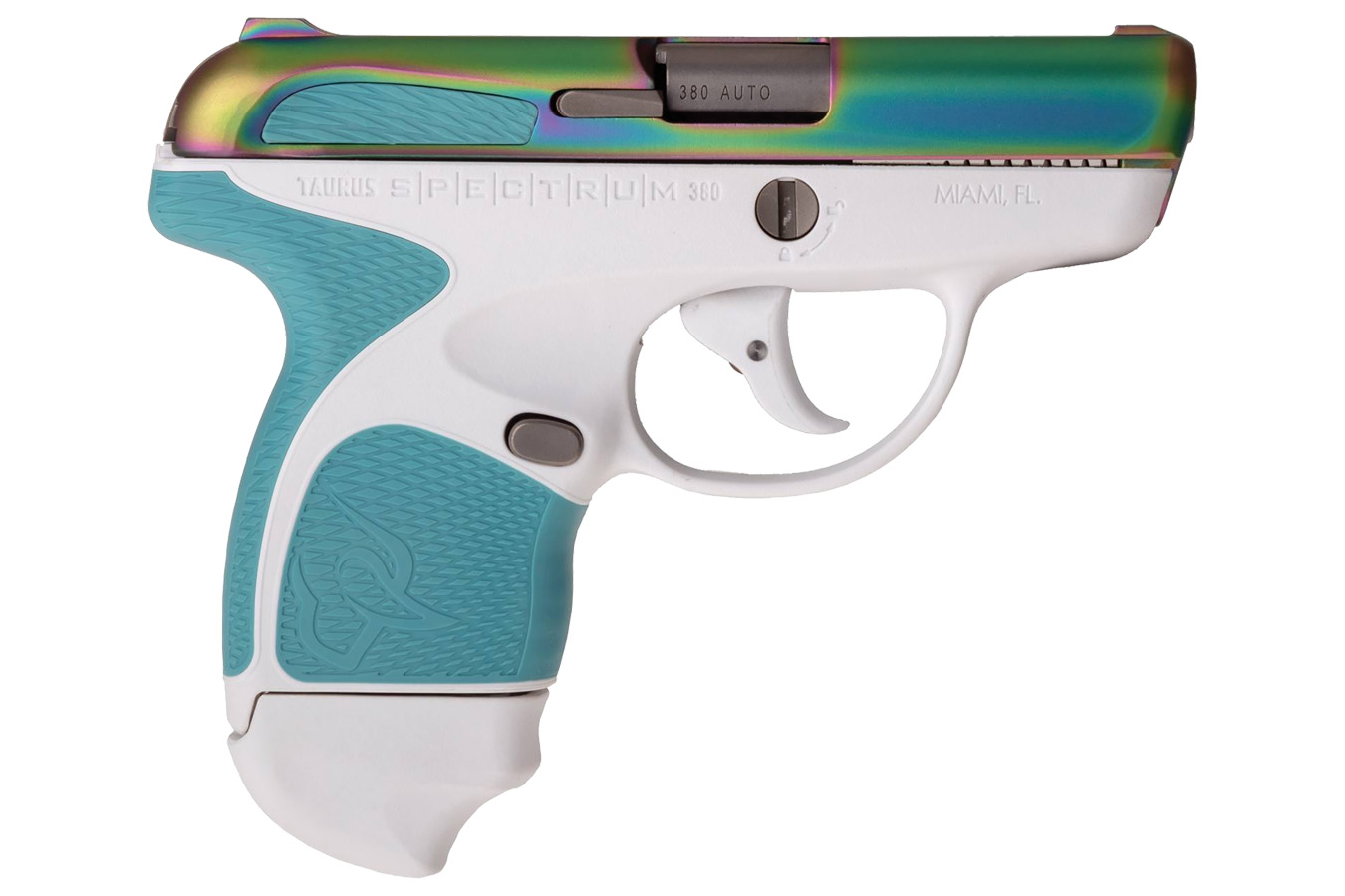 Spectrum .380 Auto White Pistol with Blue Grips and Prizm Slide