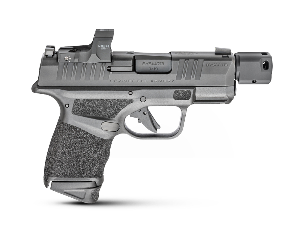 Springfield, Hellcat RDP, Semi-automatic, Striker Fired, Sub-Compact, Optics Ready, 9mm, 3.8″ Barrel Compensator, Polymer Frame, Textured Grips, Tritium Night Sights, No Thumb Safety 2 Mags, 13Rd, Black, Includes HEX Wasp Red Dot