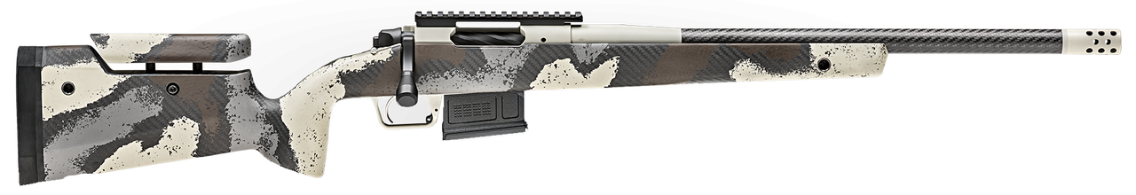 Springfield Model 2020 Waypoint 308 Win, 20″ Carbon Fiber Barrel, SA Radial Brake, Tan, Desert Verde Cerakote, Ridgeline Camo Adj Carbon Fiber Stock M-LOK, TriggerTech Adj Trigger, AICS 5rd Mag
