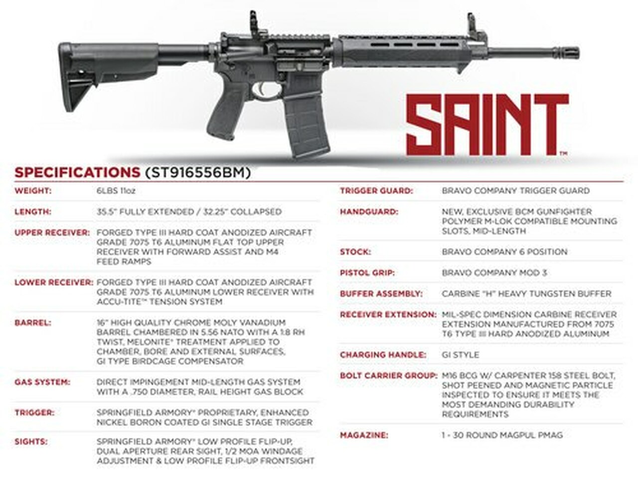 Springfield Saint 5.56mm, 16″ Barrel, M-LOK, Bravo 6-Position Stock, 30rd