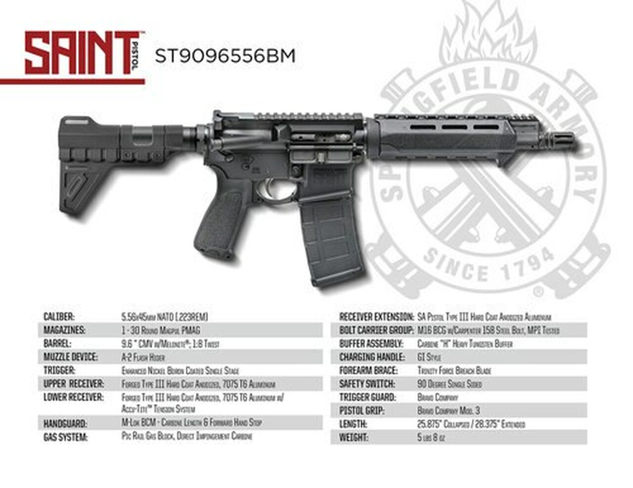 Springfield Saint Pistol 5.56/.223, 9.6″ Barrel, M-LOK, Blade Brace, Black, 30rd