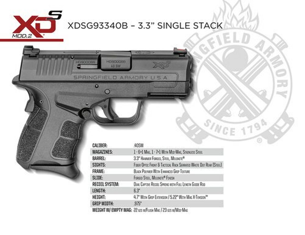 Springfield XD-S Mod.2, .40 S&W, 3.3″ Barrel, 6rd/7rd, Black