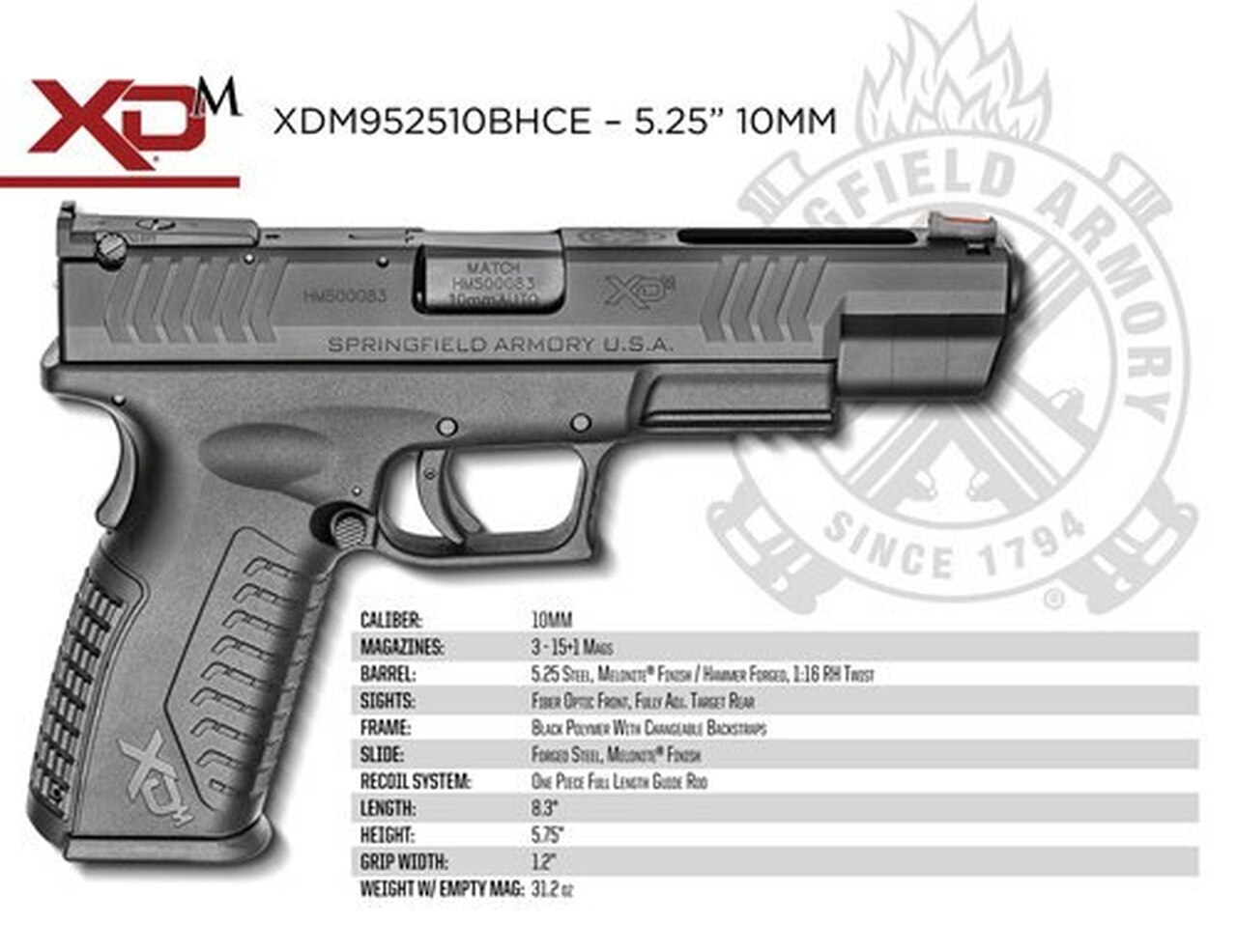 Springfield XDM 10MM, 5.25″ Barrel, Fiber Optic Front and Adjustable Rear Sights, 3x15rd Mags