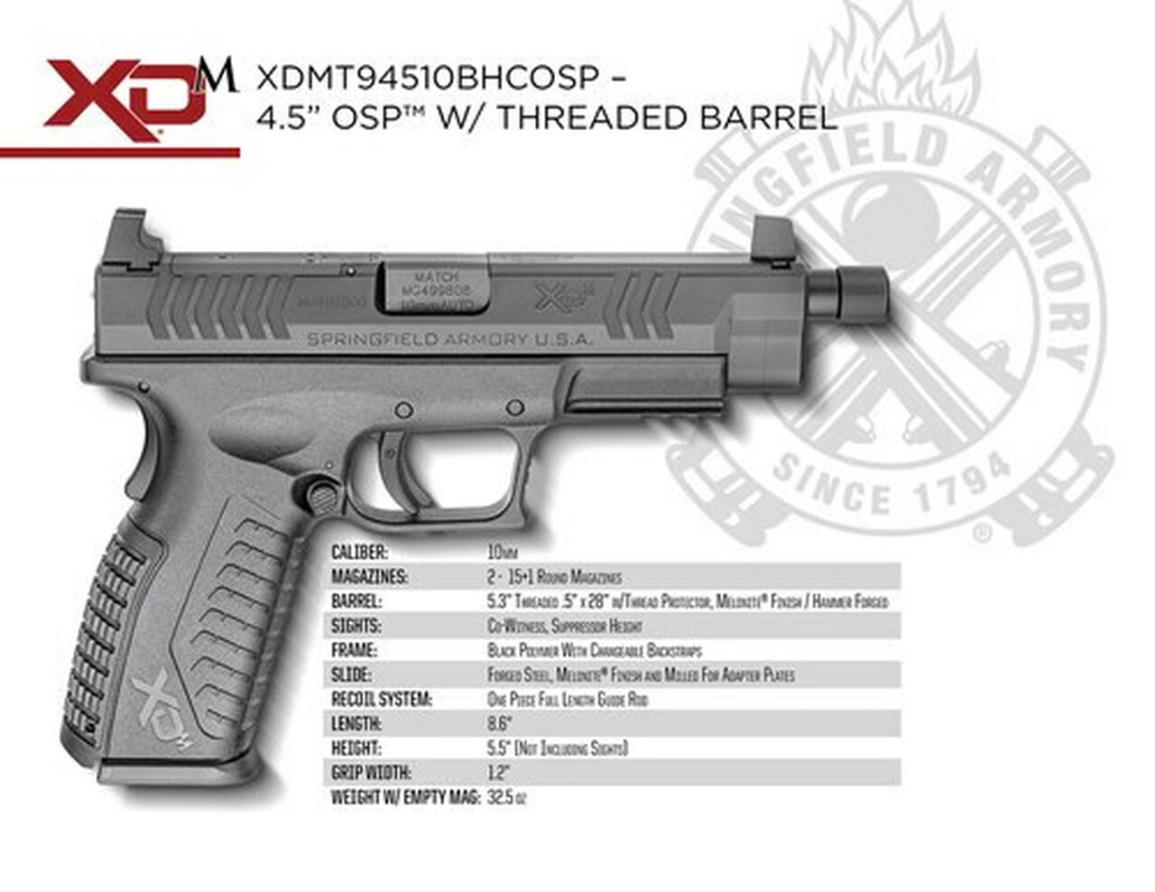 Springfield XD(M) 10mm 5.3″ Barrel Black Grip/Frame Black Melonite Slide