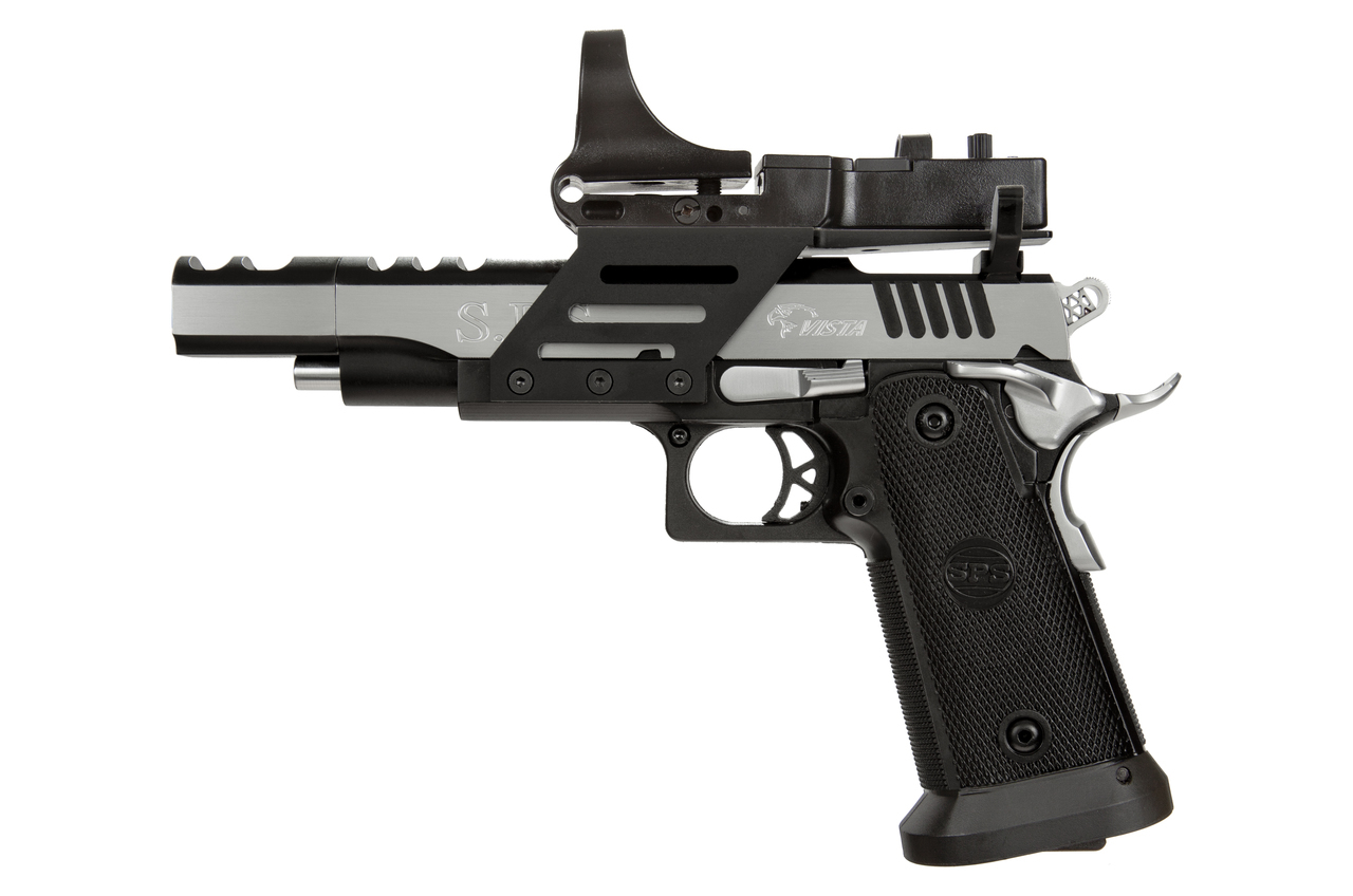 SPS Vista Short Slide 9mm, 5″ Barrel, Black Polymer Grip, Black/Chrome, 21rd