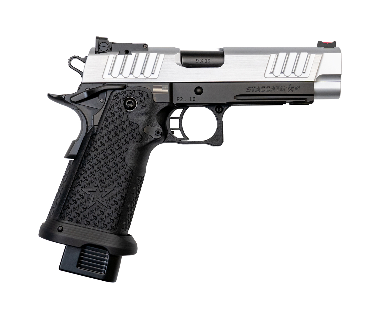 Staccato P 9mm, 4.4″ Bull Barrel, G2, Dawson Fiber Optic, SS Slide, DLC Barrel, Black, 17rd/20rd