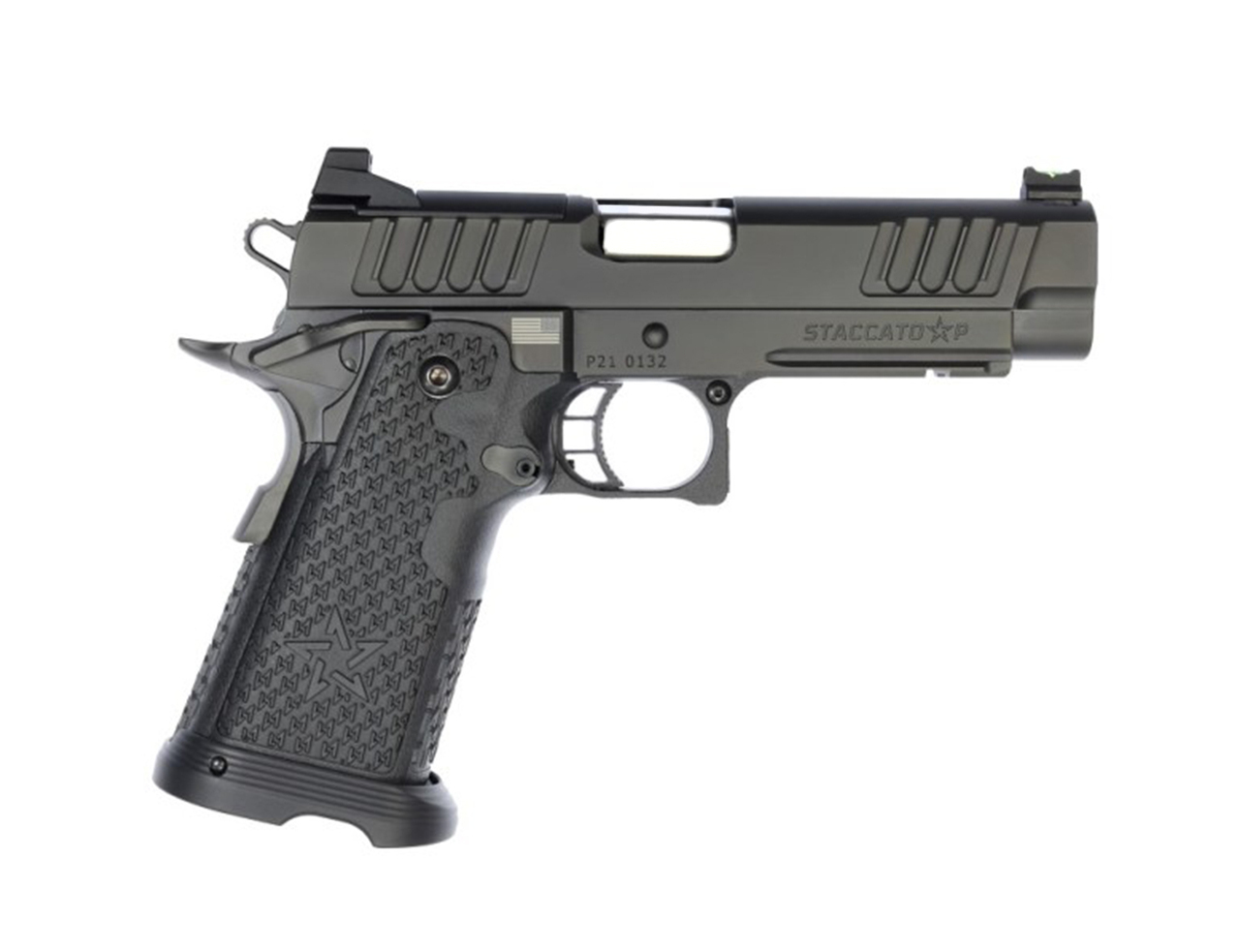 Staccato P DPO 9mm, 4.4″ Bull Barrel, G2, Dawson Fiber Optic, SS Barrel, DLC Finish, 17rd/20rd