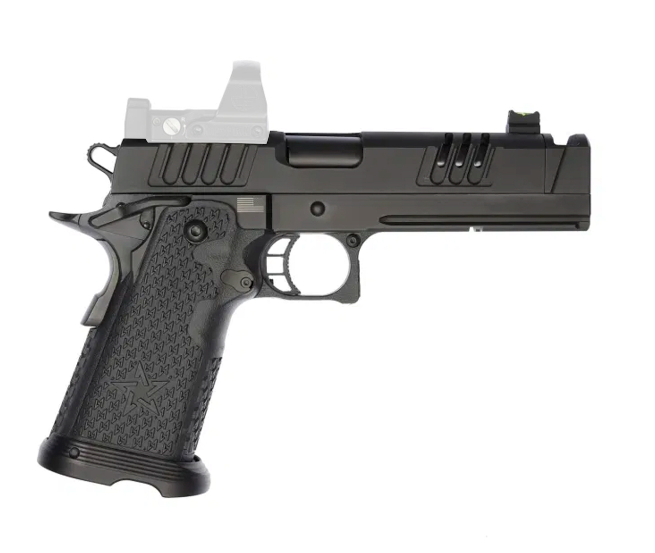 Staccato XC 9mm, 5″ FlaTec Barrel, Dawson Fiber Optic Sights, DLC, 17rd/20rd