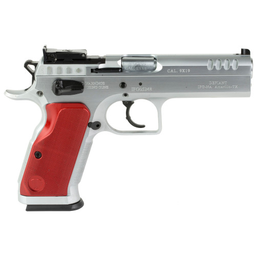 Tanfoglio Stock II 9mm, 4.45″ Barrel, Silver, Red Grip, 17rd