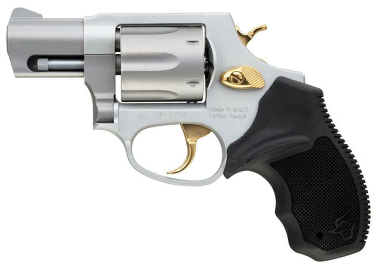 Taurus 856 38 Special, 2″ Barrel, Black Rubber Grip Stainless Gold Accents, 6rd