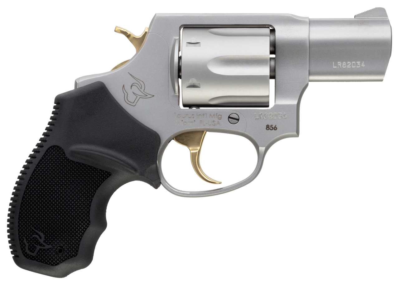 Taurus 856 .38 Spl, 2″ Barrel, Stainless Steel, Gold Trigger/Hammer, Black Rubber Grip, 6rd