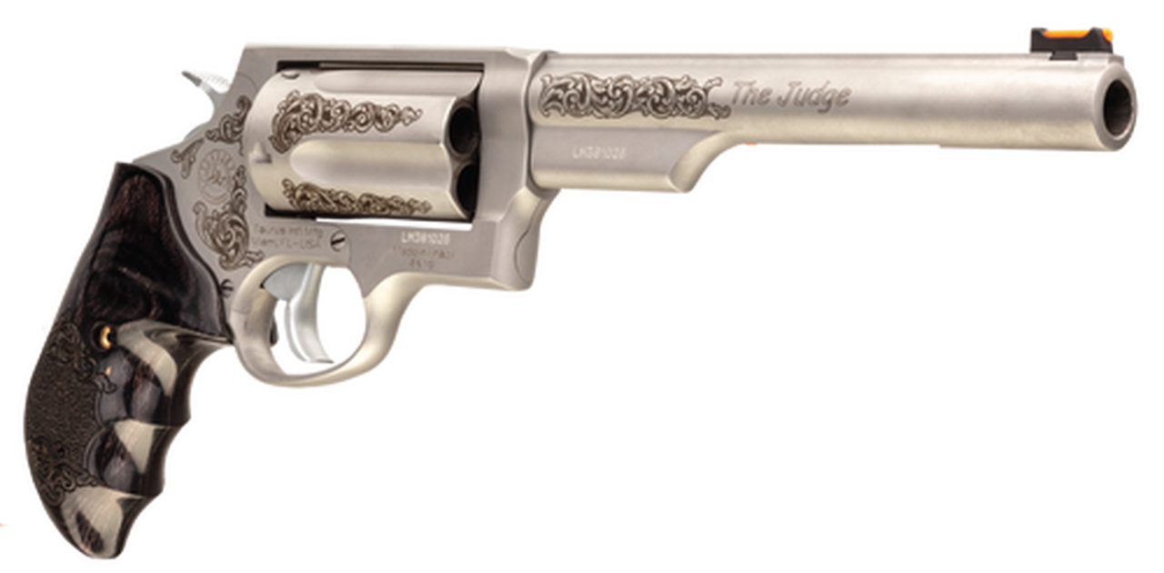 Taurus Judge Engraved 410 Ga/45 Colt, 6.5″ Barrel, Dymondwood Grip, Stainless, 5rd