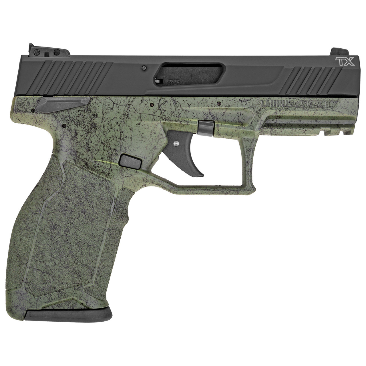 Taurus TX22 .22 LR, 4″ Barrel, Manual Safety, Threaded Barrel, Green Splatter, 10rd