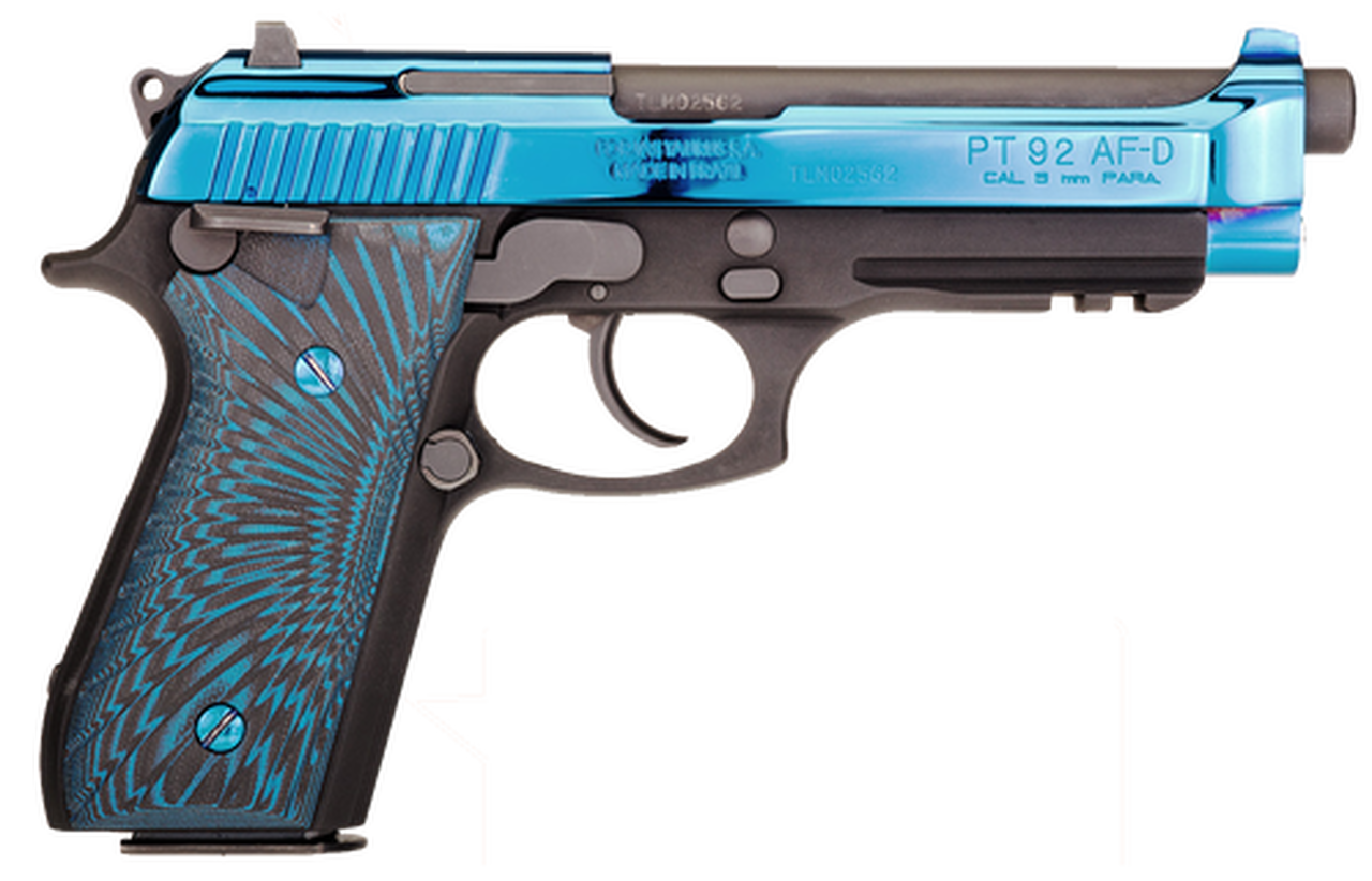 Taurus 92 9mm, Polished PVD Blue Slide, G10 Blue and Black Grips, 17rd