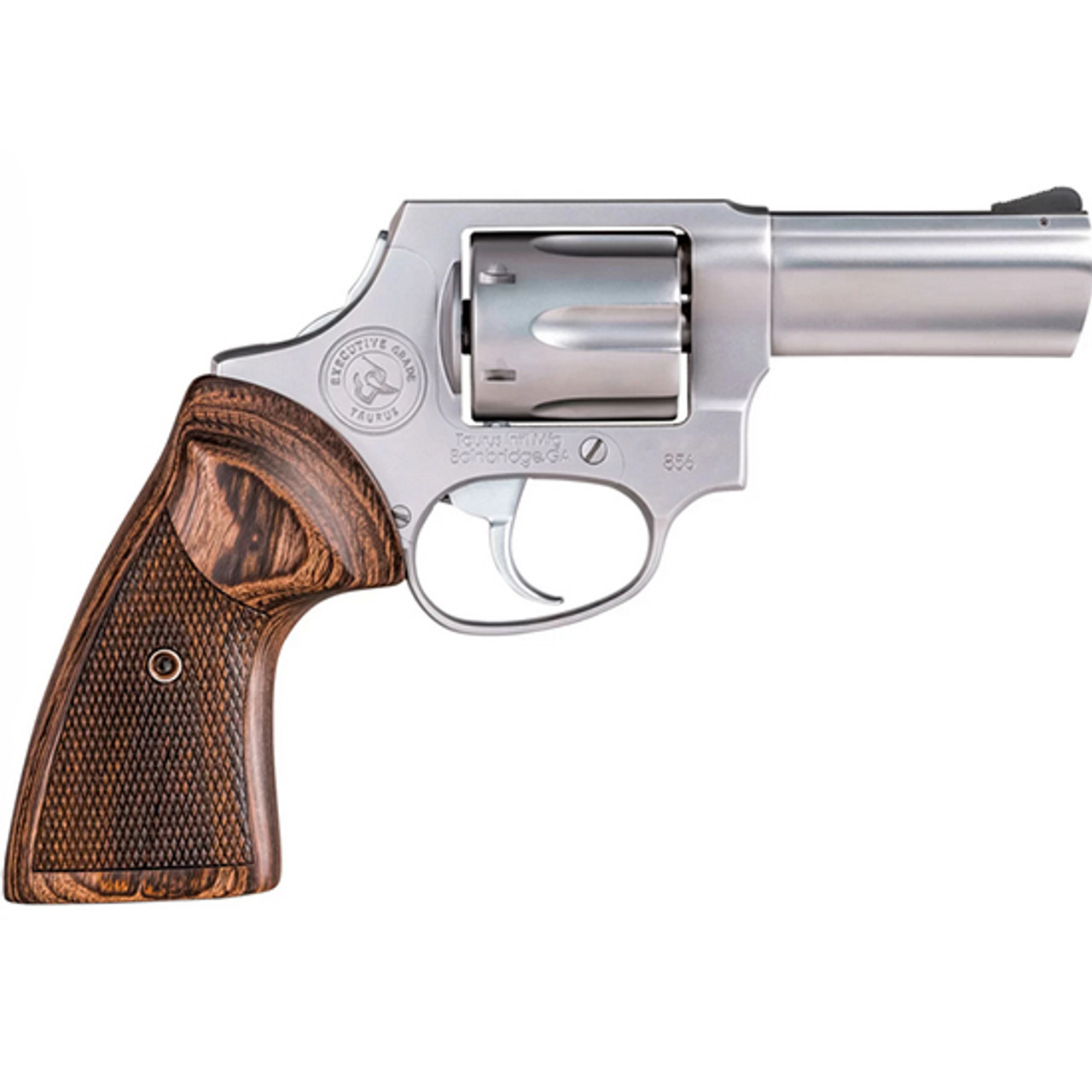Taurus Model 856, Executive Grade, Revolver, Double Action, Metal Frame Revolver, Medium Frame, 38 Special, 3″ Barrel, Satin Finish, Silver, Wood Grips, Fixed Sights, Concealed Hammer, 6 Rounds, Pelican Vault Hard Case