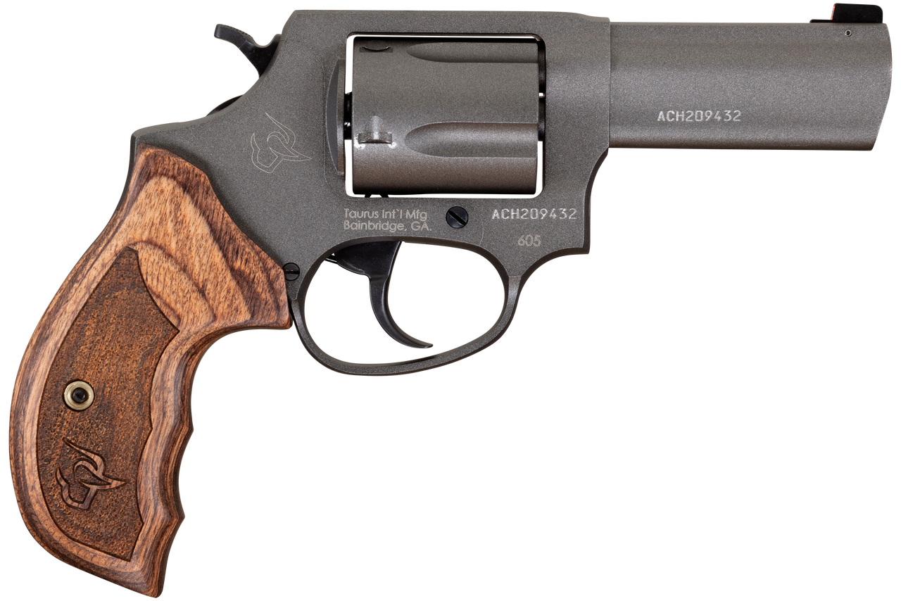 Taurus 605 38 Special/357 Mag, 3″ Barrel, Altamont Wood Grip, Tungsten Gray Cerakote, 5rd