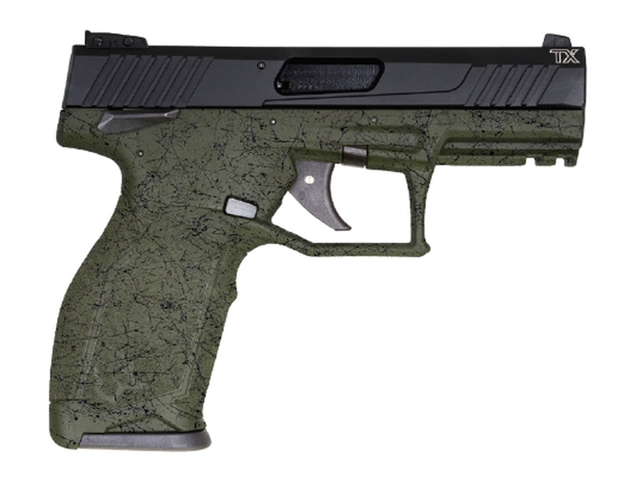 Taurus TX22 22 LR, 4″ Barrel, Polymer Frame, Green Splatter/Black, Manual Safety, 16Rd, 2 Magazines