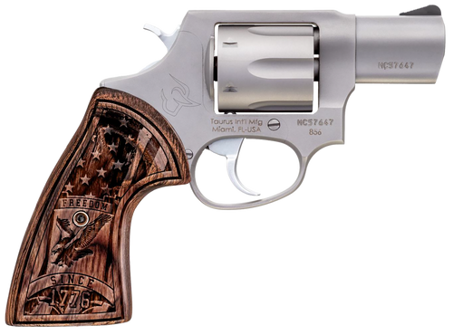 Taurus 605 357 Magnum/38 Special +P, 2″ Barrel, Stainless Steel, USA Flag Walnut Grip, 5rd