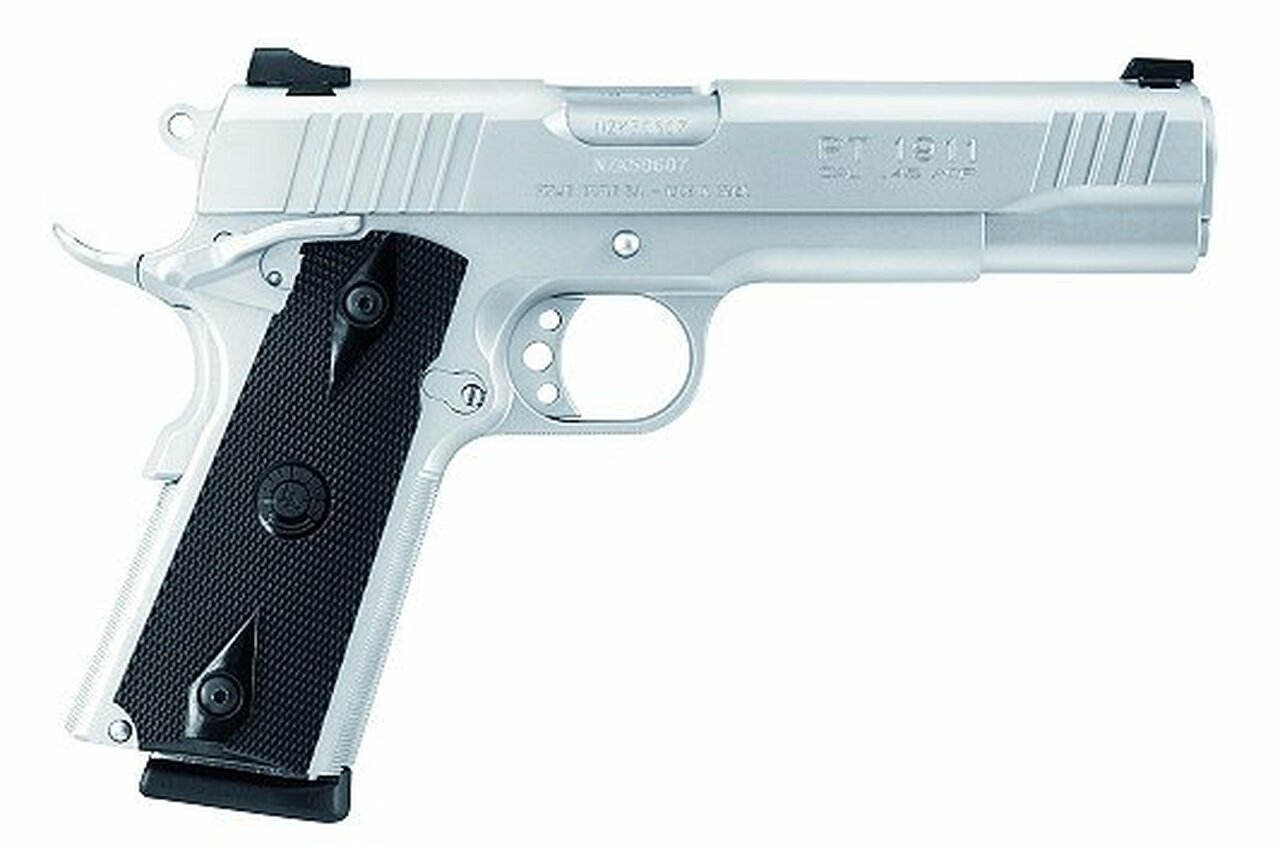 Taurus PT1911 .38 Super, 5″ Barrel, Black Checkered Grips, Stainless Finish, 9rd